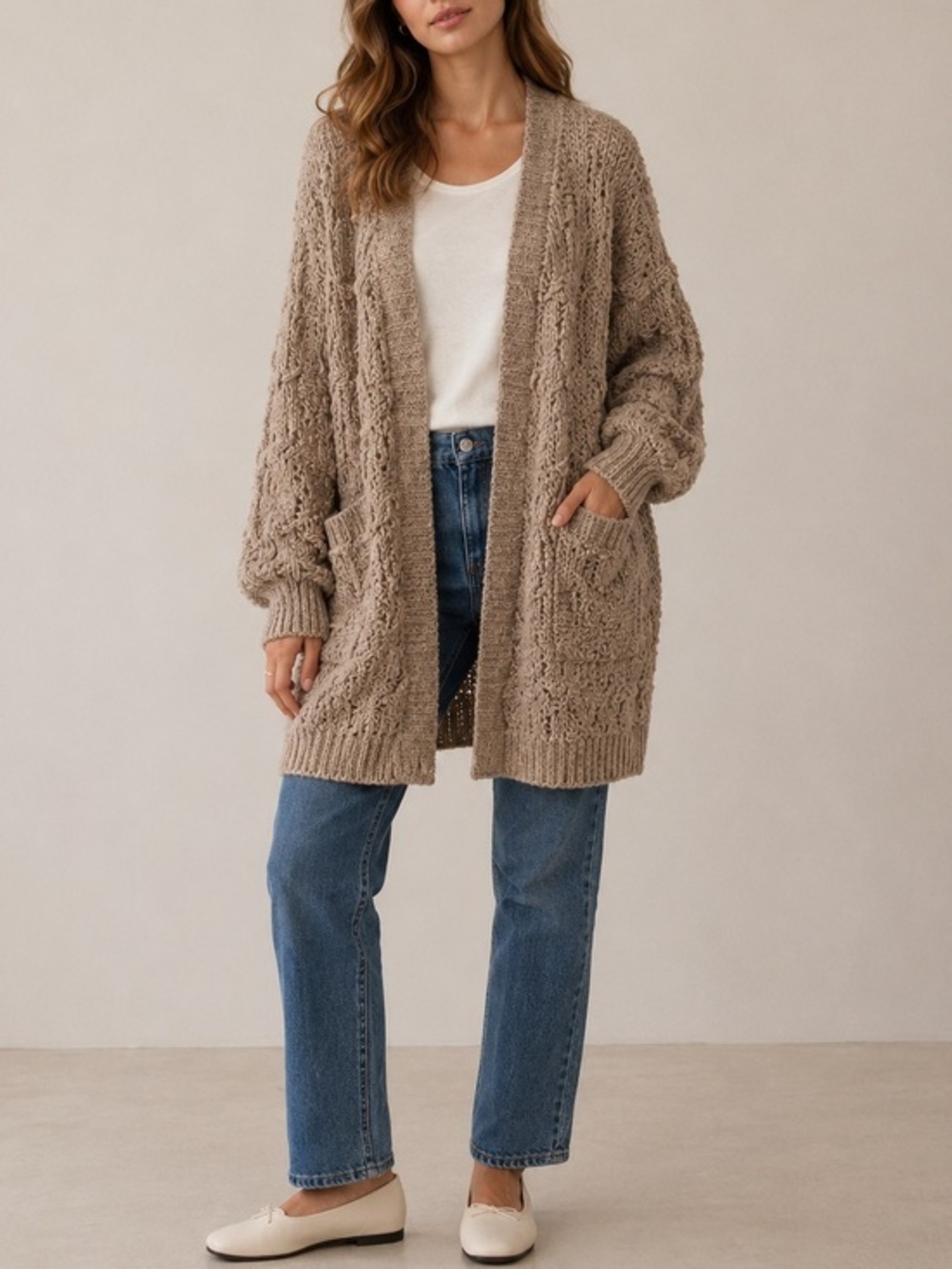 Tularosa Dandelion Slouchy Wool Blend Thick Knit Open Cardigan in Tan